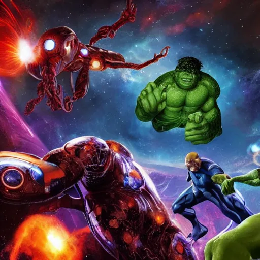 Image similar to the avengers battle one eldritch horror garfield in space, galaxy, hd, 8 k, explosions, gunfire, lasers, giant, epic, colorful, realistic photo, unreal engine, stars, prophecy, powerful, cinematic lighting, destroyed planet, debris, justice league, movie poster, violent, sinister, ray tracing, dynamic, print, epic composition