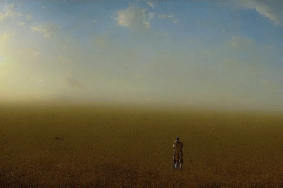Prompt: concept art of the closed back view of one humanoid robot on the ground, many closed big tall buildings that are obvious to see, vast wheat fields, by Ivan Aivazovsky, godrays, atmospheric, cinematic, distant world, wide angle, detailed