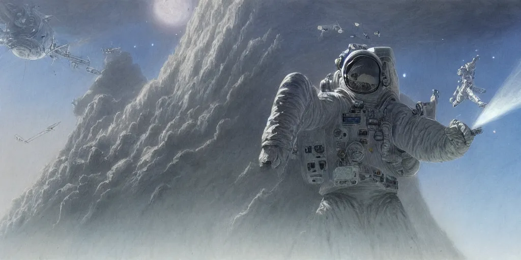 Image similar to A highly detailed matte painting, space man, space suit, imax render, 8K resolution, trending on artstation, style of alan lee and john howe