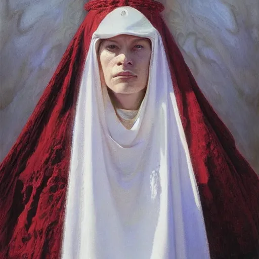 Prompt: portrait of a priestess, wearing all - white clothes, and a red helmet, by donato giancola and berthold woltze.