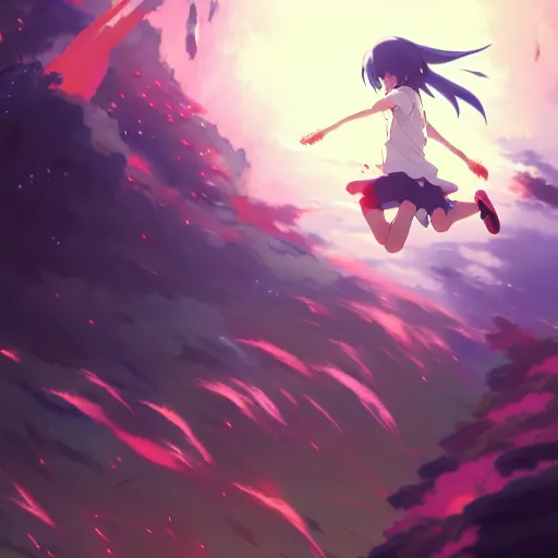 Image similar to dynamic and high energy anime composition with many characters running jumping, gapmoe yandere grimdark, trending on pixiv fanbox, painted by greg rutkowski makoto shinkai takashi takeuchi studio ghibli, akihiko yoshida