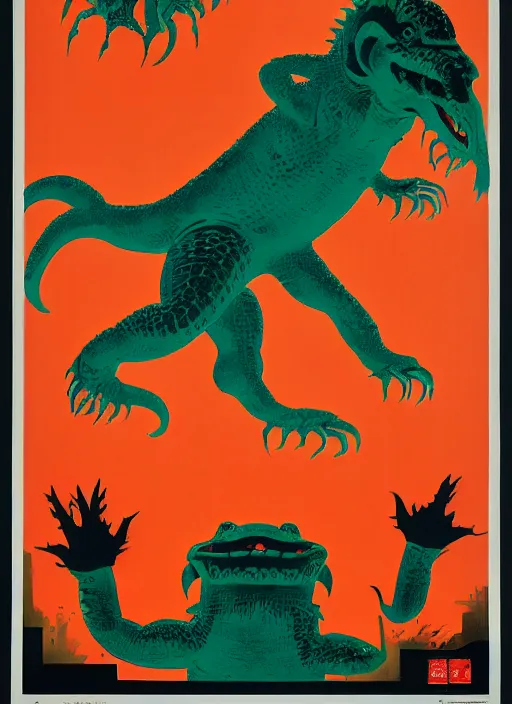 Image similar to Polish posters for kaiju film. Screen printed, silkscreen, paper texture. 1968