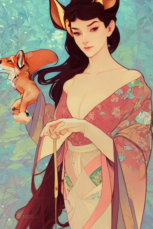 Image similar to A beautiful woman with fox ears who wears kimono, highly detailed, digital painting, artstation, concept art, smooth, sharp focus, illustration, art by artgerm and alphonse mucha, high definition digital art, in the style of Ross tran and ilya kuvshinov