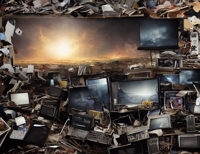 Prompt: a high resolution photo of a sad man in a messy office room with many screens photoshopping his own face while watching the collapse of the entire universe live stream on a vintage computer screen, storm, fire, earthquake, debris,