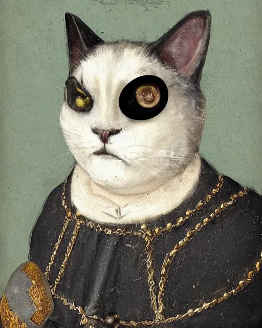 Prompt: cute jolly fat gray cat with yellow eyes wearing tudor period menswear, 1 6 th century royal portrait, greg rutkowski