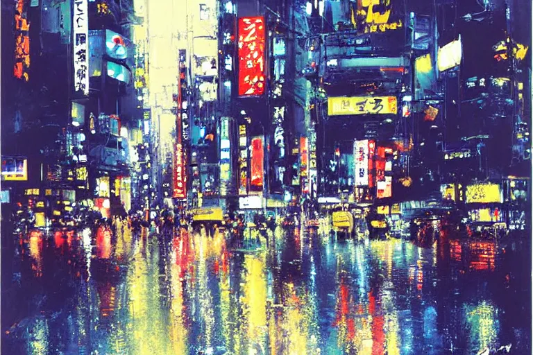 Image similar to tokyo at night, raining, bright lights, painting by John Berkey