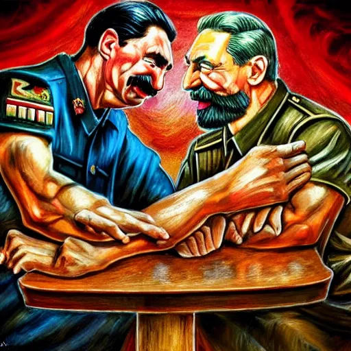 Image similar to picture of ( ( arm wrestling between putin and stalin ) ) in apocalyptic russia, hyperrealistic, digital concept art, sharp focus, 3 5 mm film, caricature illustration, art by magic realism, art by josephine wall, art by huang guangjian, art by viktoria gavrilenko, art by amanda sage, trending on artstation
