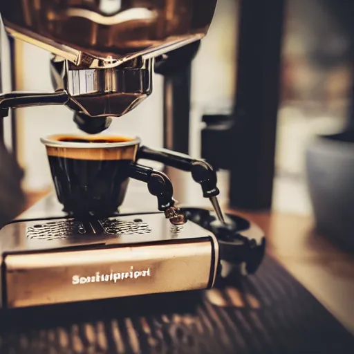 Prompt: dslr photo of a steampunk robotic coffee machine with small gears in a coffee shop,