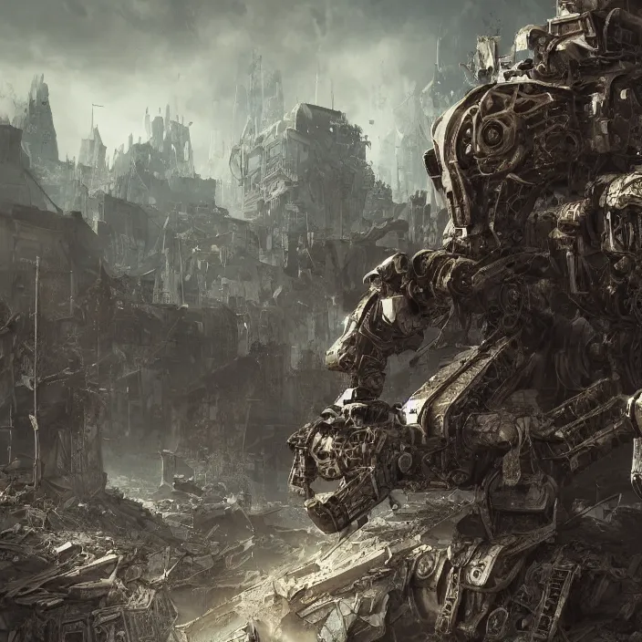 Image similar to mech - warrior background crumbling buildings, hyper - detailed, octane render, sharp focus, 4 k ultra hd, fantasy dark art, apocalyptic art