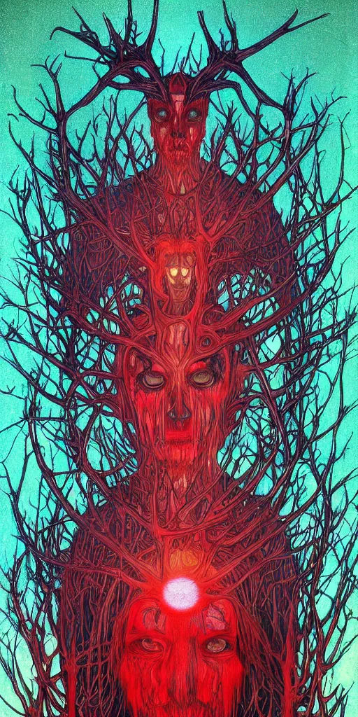 Image similar to intense glowing black metal pagan god with antlers and veins and intense glowing eyes in very dark forest by shintaro kago and beksinski and alphonse mucha, portrait, fantasy, clear, red and teal and yellow, light beams, lens flare, intense, uhd, amazing depth, cinematic lighting