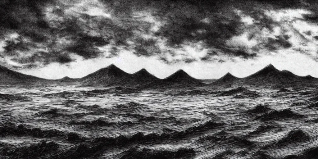 Prompt: illustration of the shore on a beautiful morning, monochrome, manga style, by Kentaro Miura, sharp, dramatic lighting