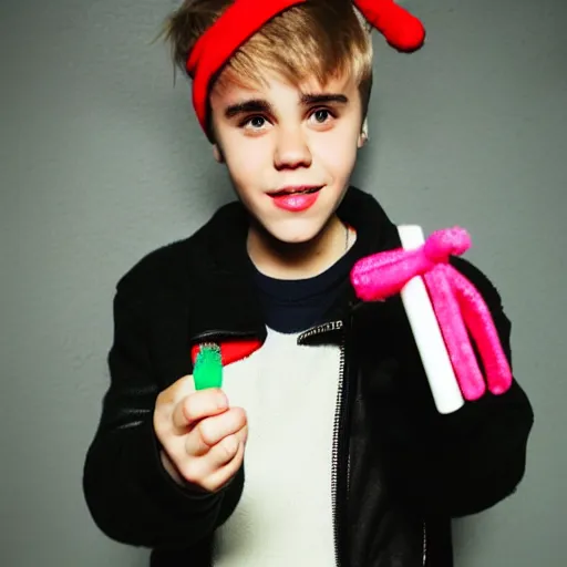 Image similar to justin bieber holding a candy cane,