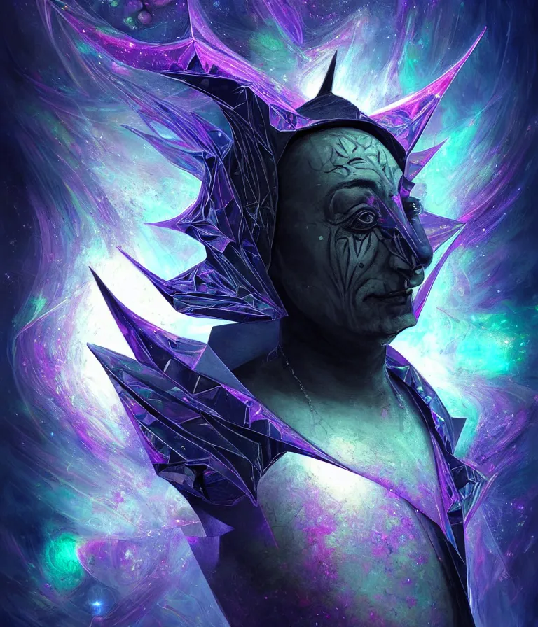 Image similar to front!!! shot of a court jester!!! character, mesmerizing fractal hypercubes, dark holography!!!, future, metallic nebula, crystalline edges, polygonal, elegant, highly detailed, centered, (((artstation, concept art, jagged, sharp focus, artgerm, Tomasz Alen Kopera, Peter Mohrbacher, donato giancola, Joseph Christian Leyendecker, WLOP, Boris Vallejo))), ((raytracing)), mugshot!!!!!, ugly!!!!!!, octane render, nvidia raytracing demo, octane render, nvidia raytracing demo, octane render, nvidia raytracing demo, 8K