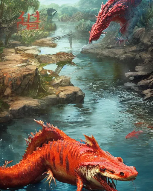 Image similar to game character beautiful giant kaiju sized pond dragon half fish half salamander, wet amphibious skin, red salamander, axolotl creature, koi pond, korean village by Ruan Jia and Gil Elvgren, fullbody