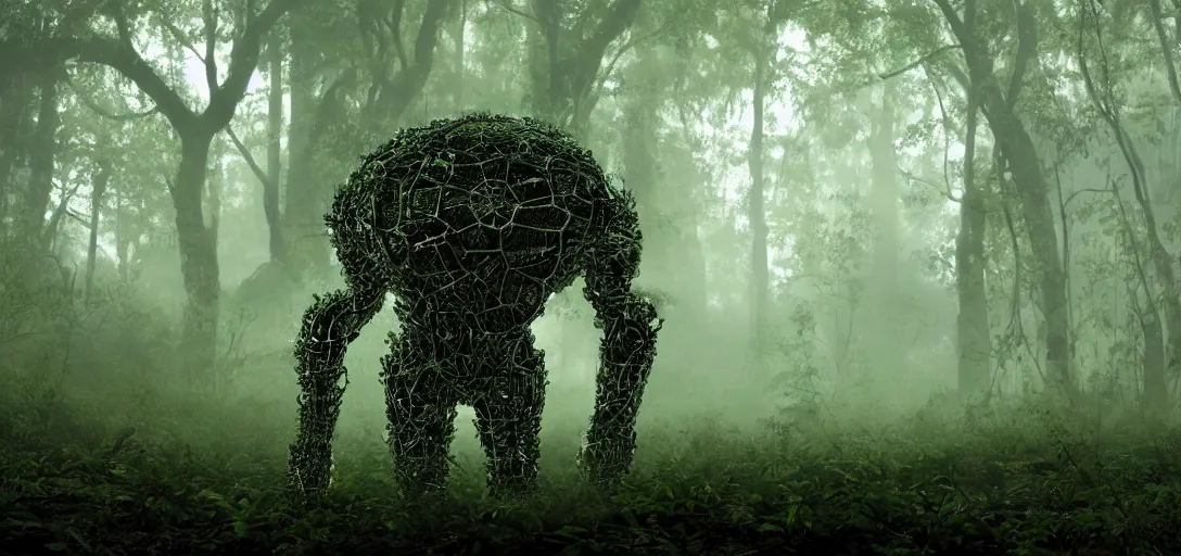 Prompt: a complex organic fractal 3 d metallic symbiotic ceramic humanoid megastructure creature in a swampy lush forest, foggy, sun rays, cinematic shot, photo still from movie by ari aster