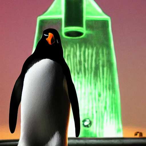 Prompt: penguin with red glowing eyes in front of a green glowing tower in the background, lord of the rings style