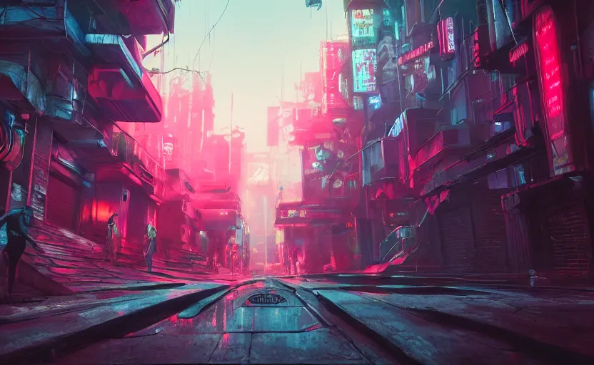 Image similar to close wide angle shot of a matte painting environment design of dystopian cyberpunk alley with neon lights, people on the streets being monitored by flying drones, trending on artstation, painted by dreadjim, eddie mendoza, james paick, ultra realistic, volumetric lighting, 4k, octane render