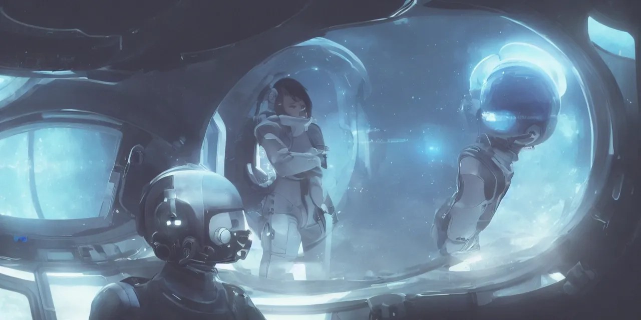 Prompt: Zoe Kravitz with short hair as a futuristic astronaut, outside large window of ship, helmet with HUD led lights, underwater in the ocean at night, dark water, volumetric lighting, glowing lights, 4k, octane, digital painting, artstation, concept art, sharp focus, illustration, cinematic film still, art by artgerm and greg rutkowski and alphonse mucha , wide angle view,