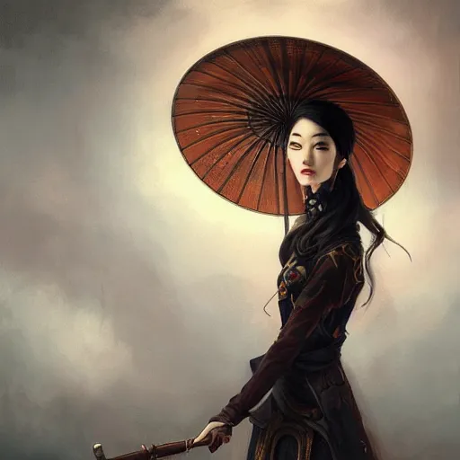 Prompt: steampunk Chinese lady with umbrella, detailed, digital painting, concept art, smooth, sharp focus, illustration, by Anato Finnstark, Tom Bagshaw, Brom