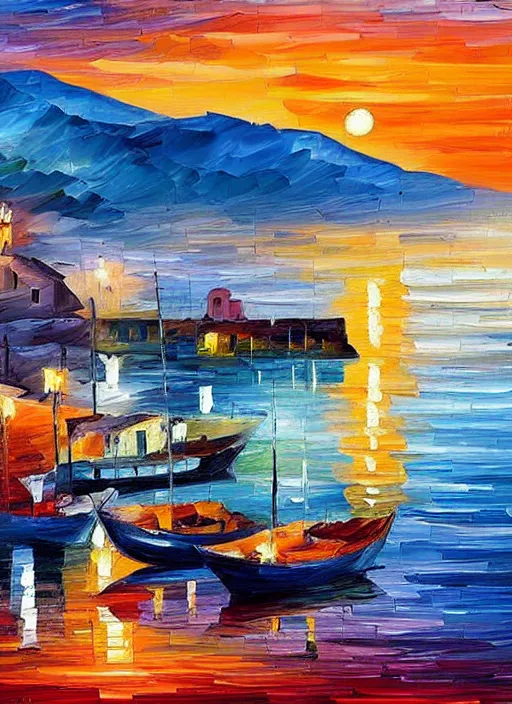 Image similar to beautiful seaside greek village and boats at sunset in the style of leonid afremov