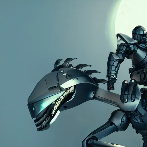 Prompt: a cybernetic knight holding a lance, riding a cyborg raptor, sci fi, retro, film still, 8k, alexa65