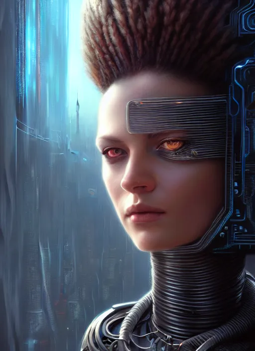 Prompt: closeup portrait shot of a cyberpunk female in a scenic dystopian environment, intricate, elegant, highly detailed, centered, digital painting, artstation, concept art, smooth, sharp focus, illustration, artgerm, tomasz alen kopera, peter mohrbacher, donato giancola, joseph christian leyendecker, wlop, boris vallejo