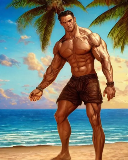 Prompt: handsome man on the beach with palm trees in the background, bulging muscular figure, beautifulman, soft lighting, highly detailed face, sharp focus, artstation, sophie anderson, arnold armitage, loish, thomas kinkade