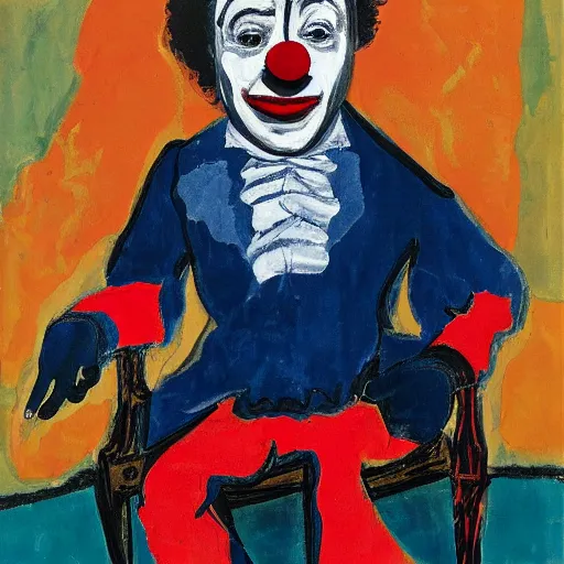 Prompt: painting of a clown sitting on a chair, staring at you, by georg baselitz