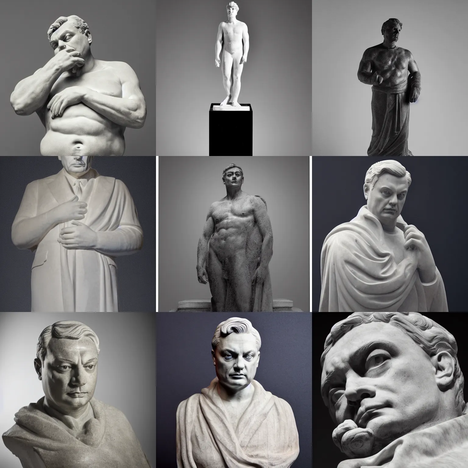 Prompt: marble statue of viktor orban, studio photography, dark grey background, dramatic lighting, gentle smoke effect, photo courtesy museum of art