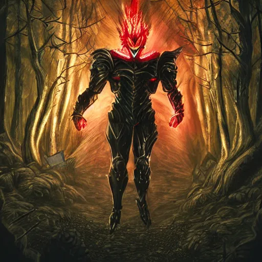 Image similar to extremely detailed artwork of an armored dark figure in a dark evil forest, super sayan, glowing hands, Sauron, Ultron, speedster, fantasy art, fog, heavy armor, knights armor, cinematic pose, pose, 8k UHD, villain. set in a dark evil forest where the entire forest floor is covered in dark red leaved, blood red leaves, atmospheric fog, moon lit