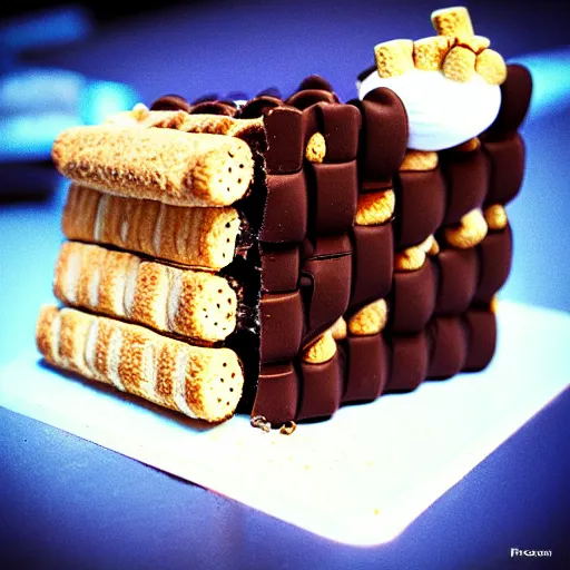 Image similar to smore inside drew barrymore, bionic scifi by alexandre ferra, chocolate and graham cracker background