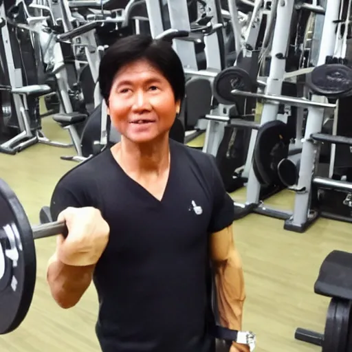 Image similar to A very muscular BongBong Marcos flexing in the gym