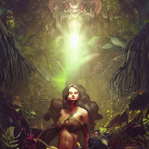 Image similar to a hyperrealistic illustration of a dark monster in a jungle, Jungle with fractal sunlight, award-winning, masterpiece, in the style of Tom Bagshaw, Cedric Peyravernay, Peter Mohrbacher