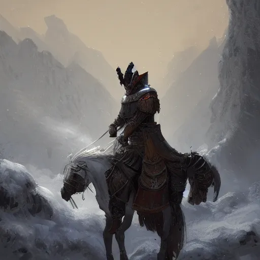 Image similar to A knight on his horse who arrives in a snowy village without any people, fantasy, highly detailed, digital painting, artstation, concept art, illustration, art by Bayard Wu and Marc Simonetti and Diego Gisbert Llorens