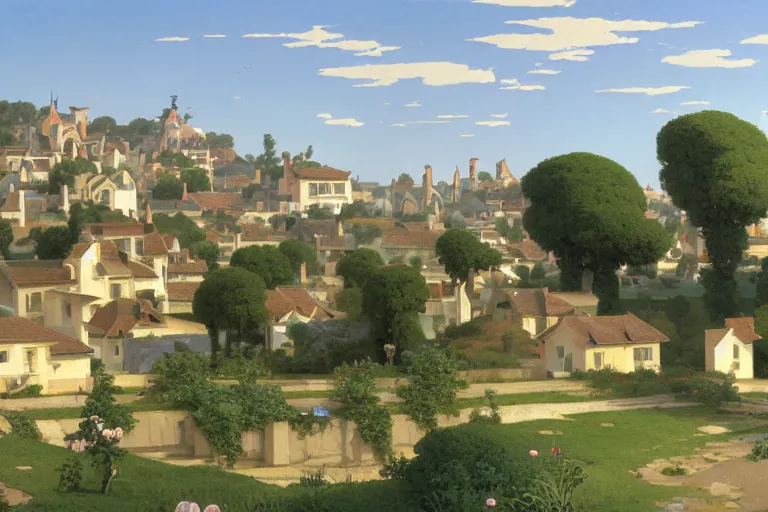 Prompt: a beautiful landscape of a futuristic science fiction village with curved houses in the french countryside during spring season. highly detailed painting by studio ghibli hd and william adolphe bouguereau hd. nice afternoon lighting, smooth tiny details, soft and clear shadows, low contrast, perfect