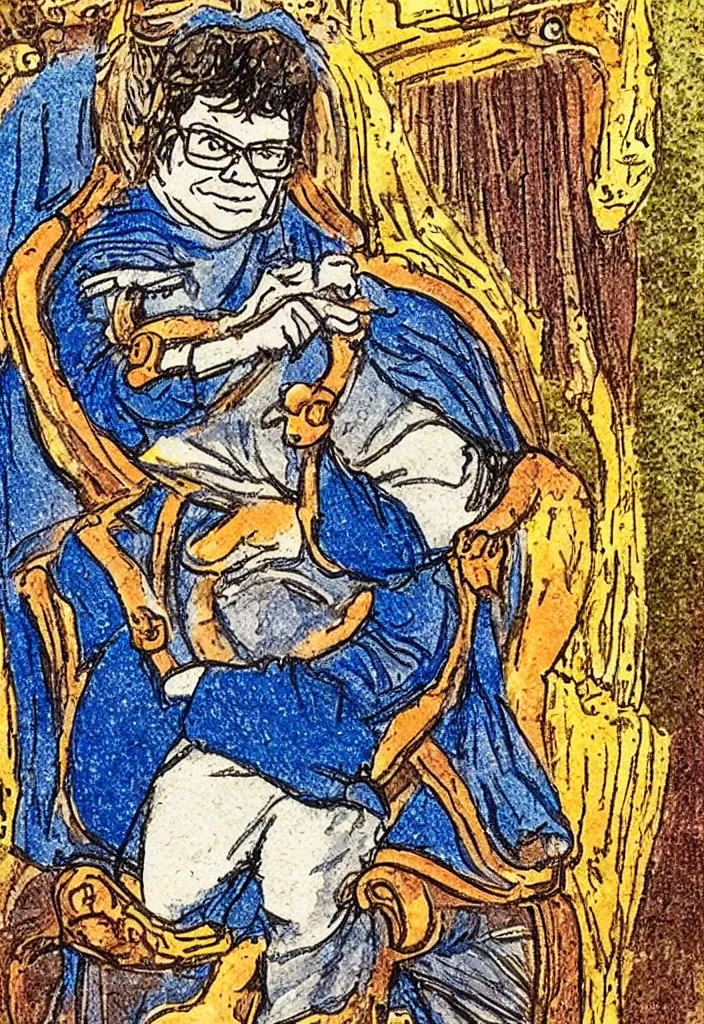 Image similar to Yann LeCun sitting on the throne on a tarot card, illustrated on the Rider–Waite tarot.