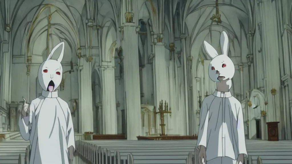 Prompt: a man wearing priest clothes and a white rabbit mask standing in a white marble church, anime film still from the an anime directed by Katsuhiro Otomo with art direction by Salvador Dalí, wide lens