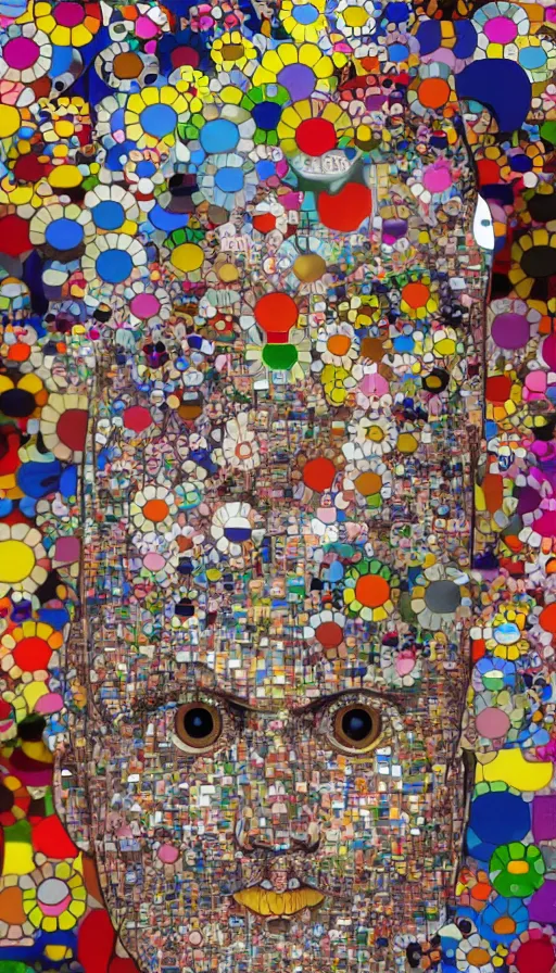 Prompt: a digital collage of a man's face surrounded by colorful objects, a digital rendering by takashi murakami, behance contest winner, neo - dada, maximalist, glitch art, fractalism
