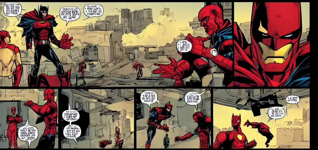 Image similar to comic panel from BATMAN: UNDER THE RED HOOD with Iron Man as Batman
