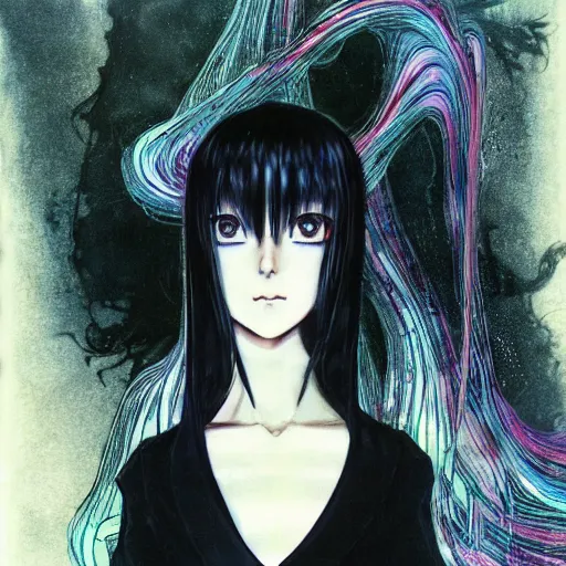 Prompt: yoshitaka amano realistic illustration of an anime girl with black eyes and long wavy white hair wearing dress suit with tie and surrounded by abstract junji ito style patterns in the background, blurry and dreamy illustration, 1 9 9 0 s anime color palette, noisy film grain effect, highly detailed, oil painting with expressive brush strokes, weird portrait angle