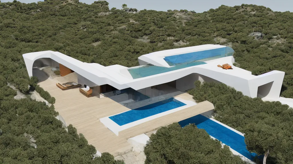 Prompt: Home made of limestone with an infinity pool in the front designed by Zaha Hadid, in the Mediterranean with olive trees and orange trees, 4k, high detail, architectural render, epic light, 4k