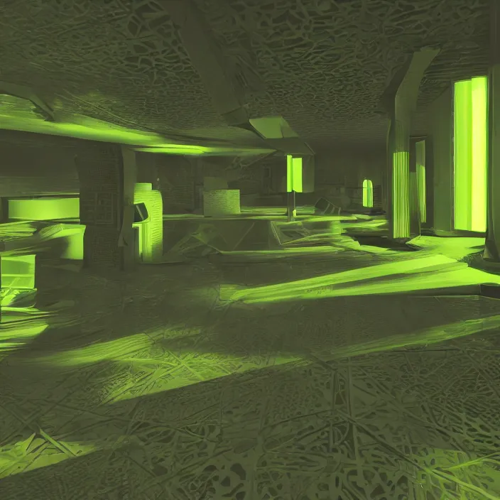 Prompt: liminal spaces, as designed by valve software, source engine render, 4 k, lime green tones