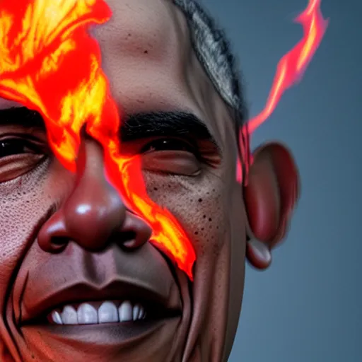 Prompt: Obama red glowing eyes, flames are burning behind Obama, 40nm lens, 4k,