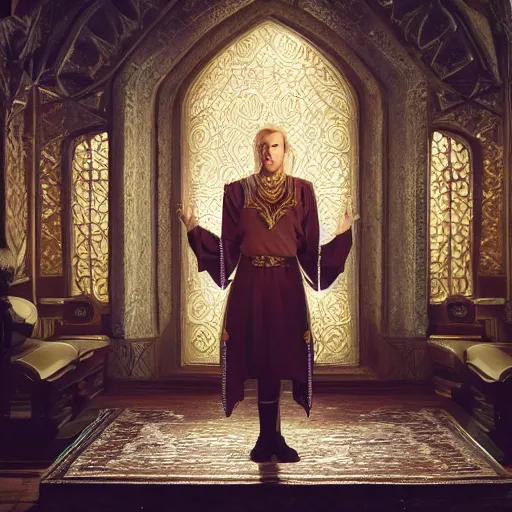 Image similar to the elder scrolls vi, charismatic regal blonde high elf male jarl, portrait, exquisitely designed throne room, atmospheric lighting, painted, intricate, volumetric lighting, beautiful, daytime, sunny weather, sharp focus, deep colours, ultra detailed, by leesha hannigan, ross tran, thierry doizon, kai carpenter, ignacio fernandez rios