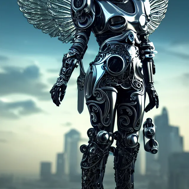 Image similar to beautiful!! futuristic cyberpunk angel warrior with ornate slick pearl armor, highly detailed 8 k hdr smooth sharp focus high resolution award - winning photo photorealistic