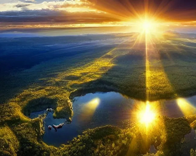 Image similar to the world seen from above. 16k utopian future serene beautiful landscape photography of the garden of eden. lake reflections in the foreground, fruit tree's and animals everywhere. sun rays shining through the trees. lens flare. sunset, dramatic lighting by Marc Adamus on mushrooms.