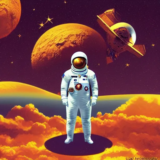 Image similar to cosmonaut floating in space viewed from far away in the style of retrofuturism