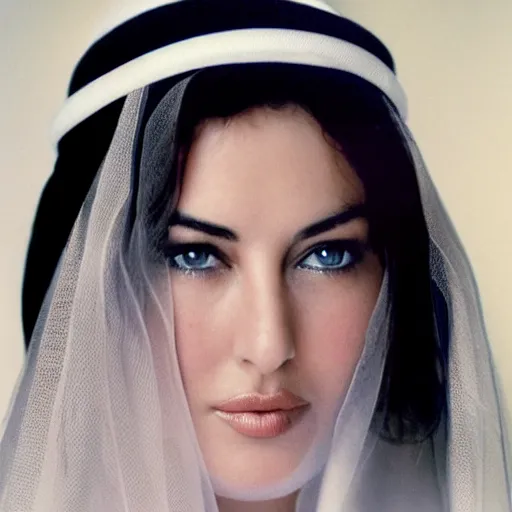 Prompt: young arab Monica Bellucci, blue eyes, white veil, DSLR, closeup, focus