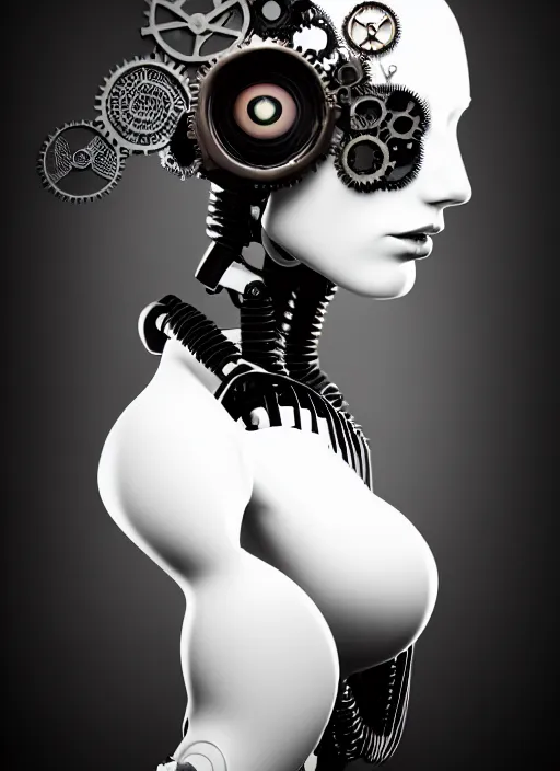 Prompt: black and white dreamy foggy profile face portrait, one steampunk eye biomechanical beautiful young female cyborg - robot, body ribs meshes, big monocular, volumetric light, hibiscus flowers, by hg giger, rim light, by dora maar and cecile beaton, big gothic fashion pearl embroidered collar, 8 k