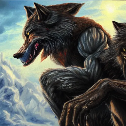 Image similar to oil painting of a werewolf kissing another werewolf, detailed, 4k, fantasy